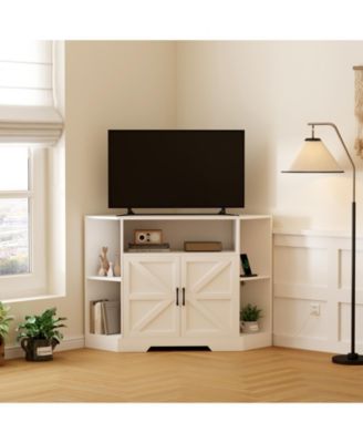 Corner TV Stand for 55 Inch TVs with Outlet and Barn Doors, Farmhouse Entertainment Center with Adjustable Shelf, Cabinets for Living Room