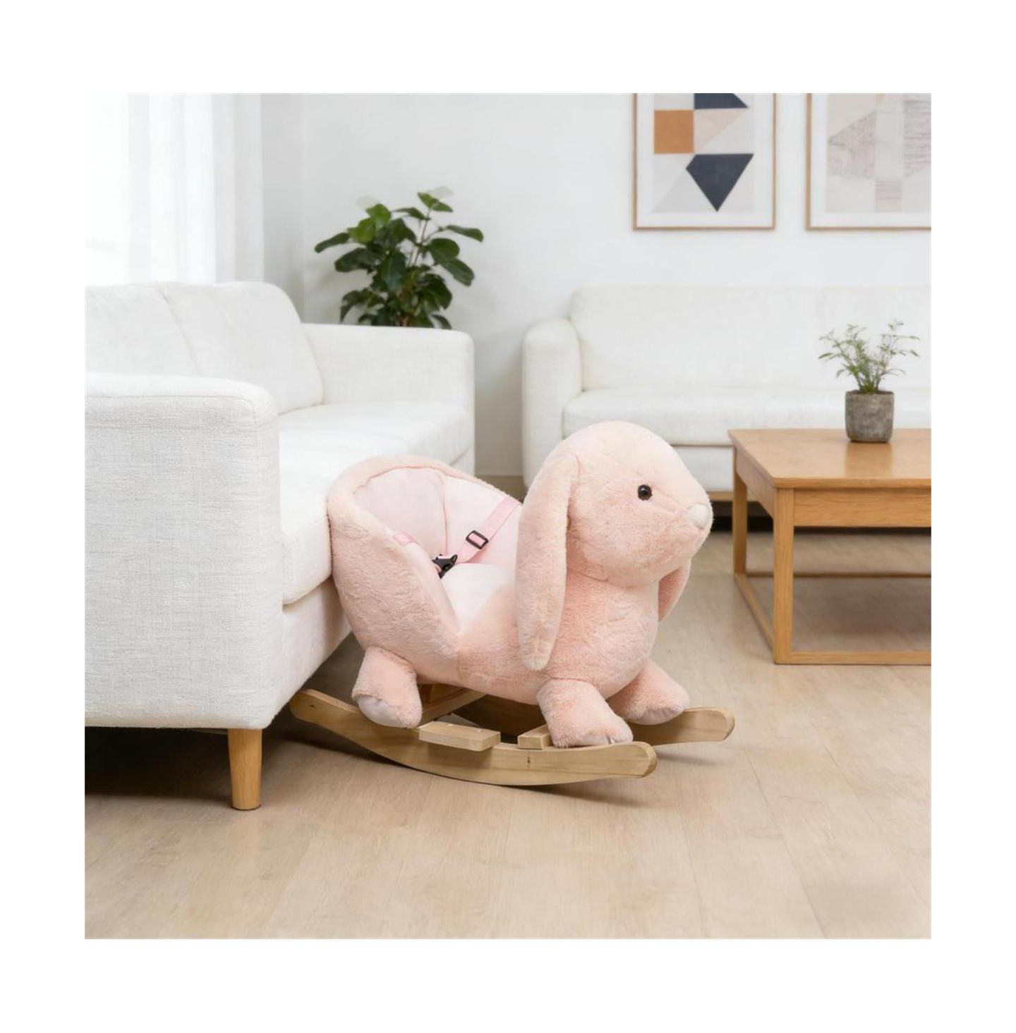 Детские мягкие игрушки YOBTOP Bunny Rocking Horse - Rabbit Wooden Plush Ride-on Toy with Sound Button, Seat Belt and Handlebars, Solid Steel Frame, цвет: Розовый — фото 7