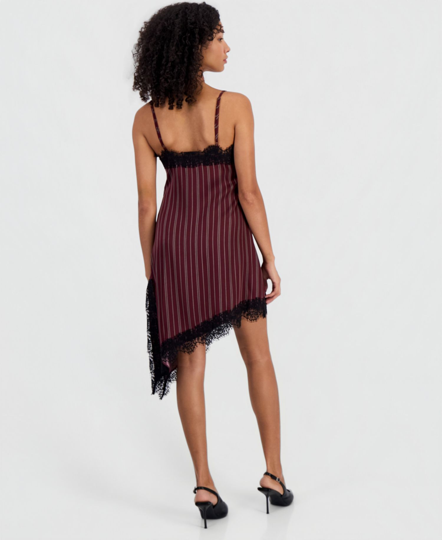 Women's Pinstripe V-Neck Lace-Trim Satin Dress