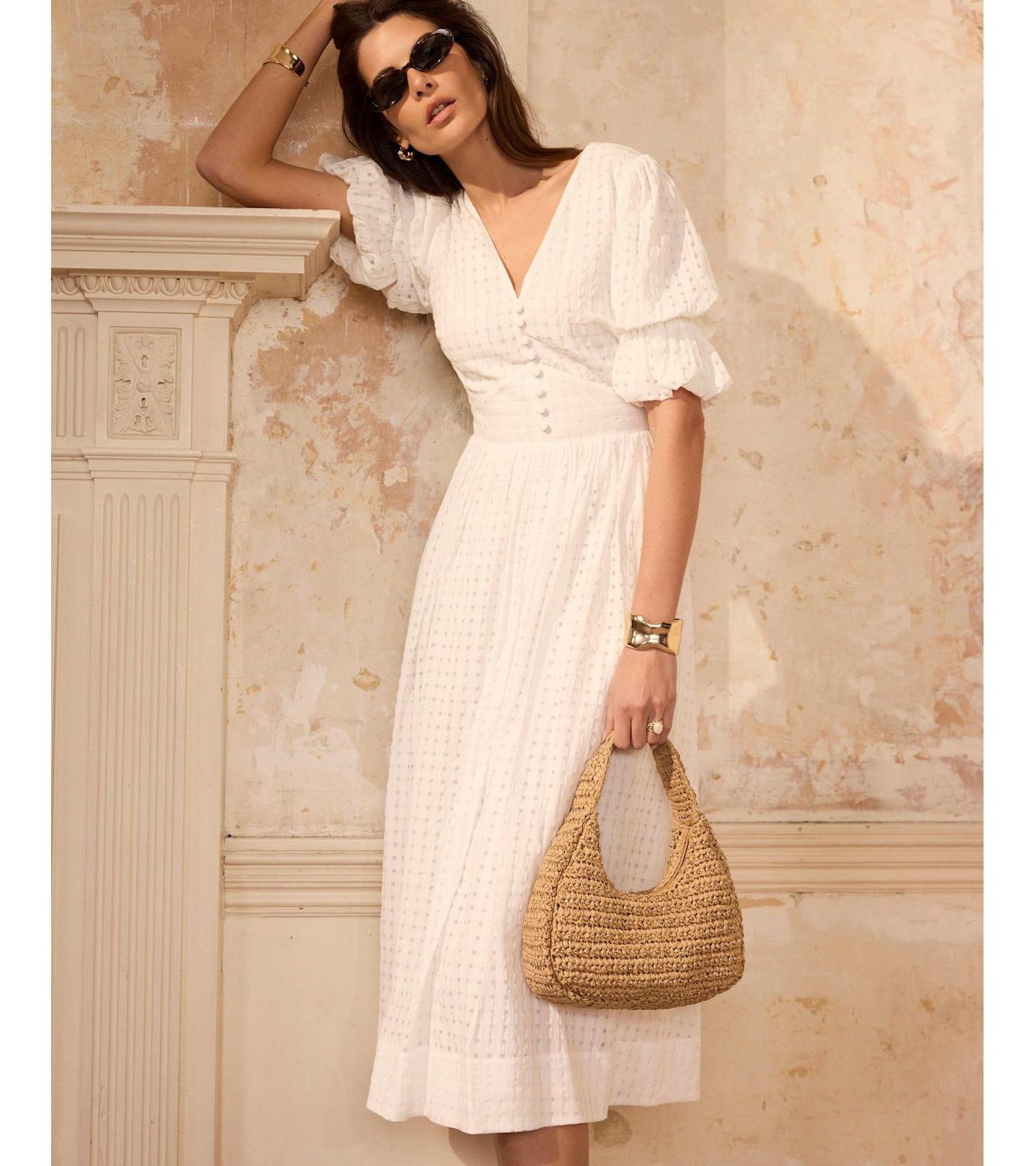 Women's Checked Puff-Sleeve V-Neck Midi Dress