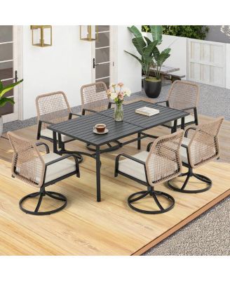 7-piece Outdoor Patio Dining Set, 6 Woven Rattan Swivel Chairs With Cushions and Metal Slat Table With 1.96" Umbrella Hole