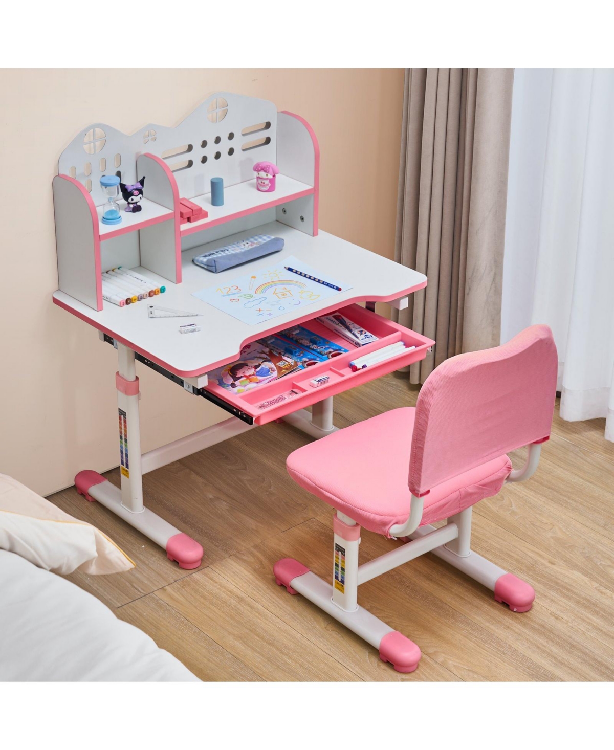 Slickblue Children's Study Table and Chair Set with Bookshelf, Adjustable Height Desk and Storage Drawer