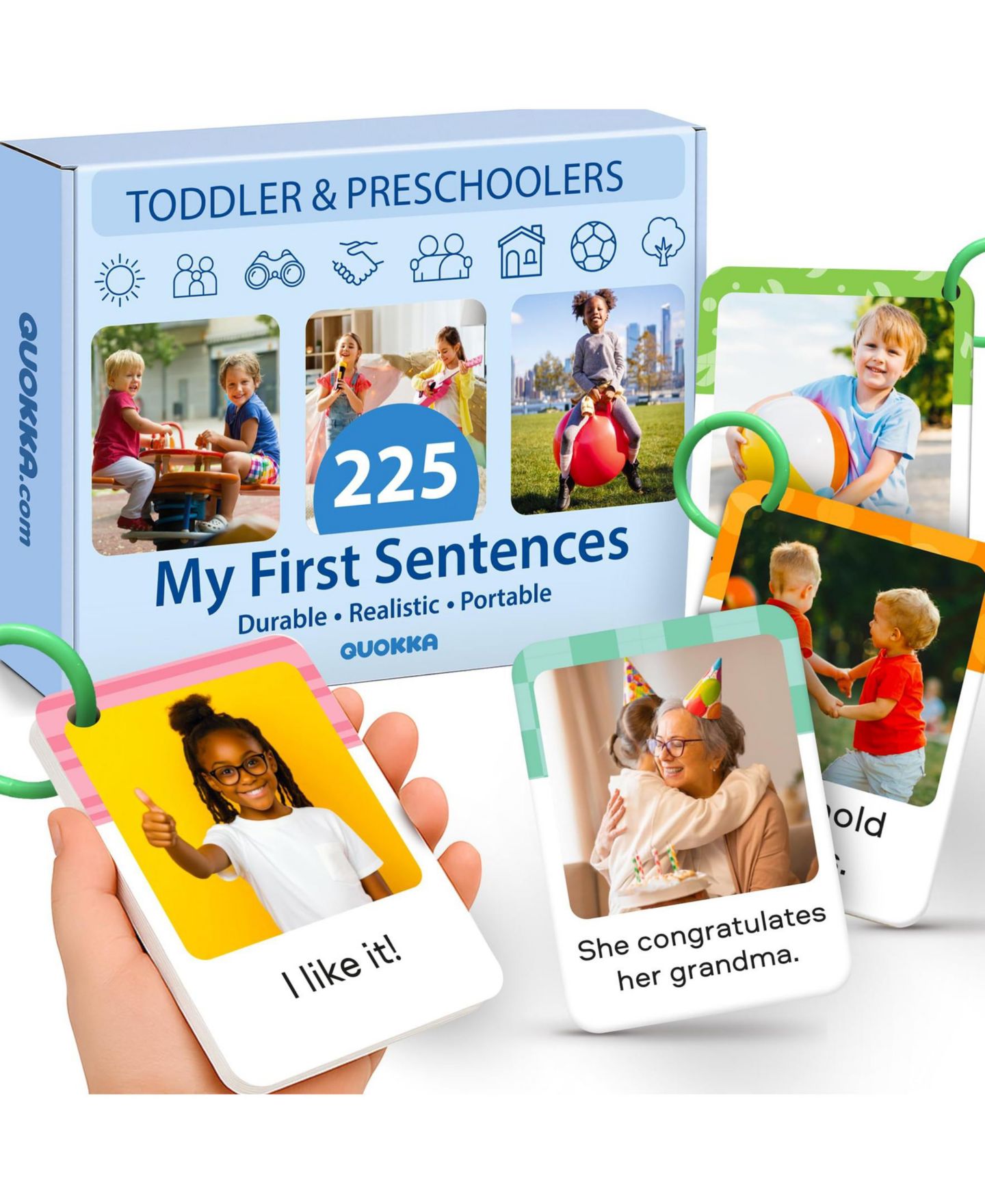 Детские игрушки Quokka 225 Toddler First Sentence Flash Cards with Rings - Realistic Learning Cards for Ages 1 - 3 - Family, Daily Routine and Everyday Phrases, цвет: Toddler Flashcards — фото 1