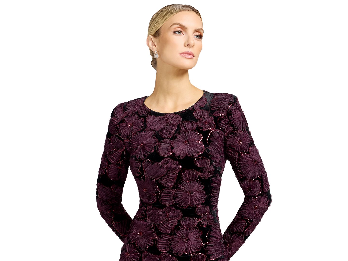 Женское платье Dress the Population Long-Sleeve Bodycon Floral-Print Midi, цвет: Бордовый / Чёрный — фото 4
