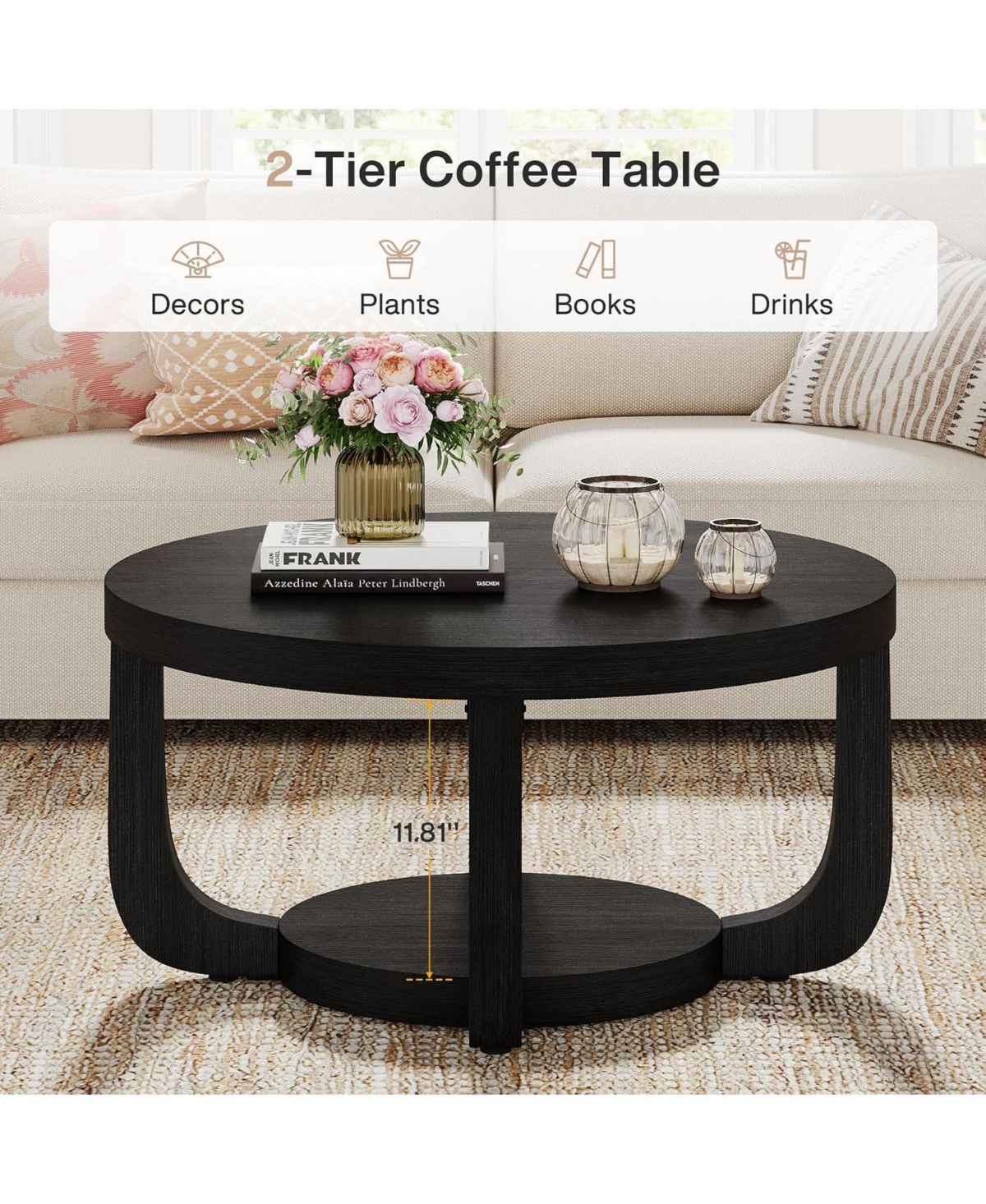 Tribesigns Round Coffee Table, 2-Tier Circle Table with Storage, Thick Tabletop and Base