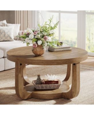 Round Coffee Table, 2-Tier Circle Coffee Table with Storage, Thick Tabletop and Base