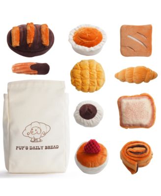 10 Pack Bread Dog Toy Set with Grocery Bag, Cute Crinkle Squeaky Plush Toys, Hide and Seek Enrichment Toy for Small to Medium Dogs