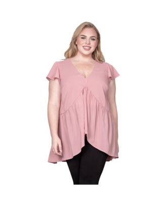Plus Size Deep V-Neck Ruffle Cap Sleeve High-Low Hem Tunic Blouse