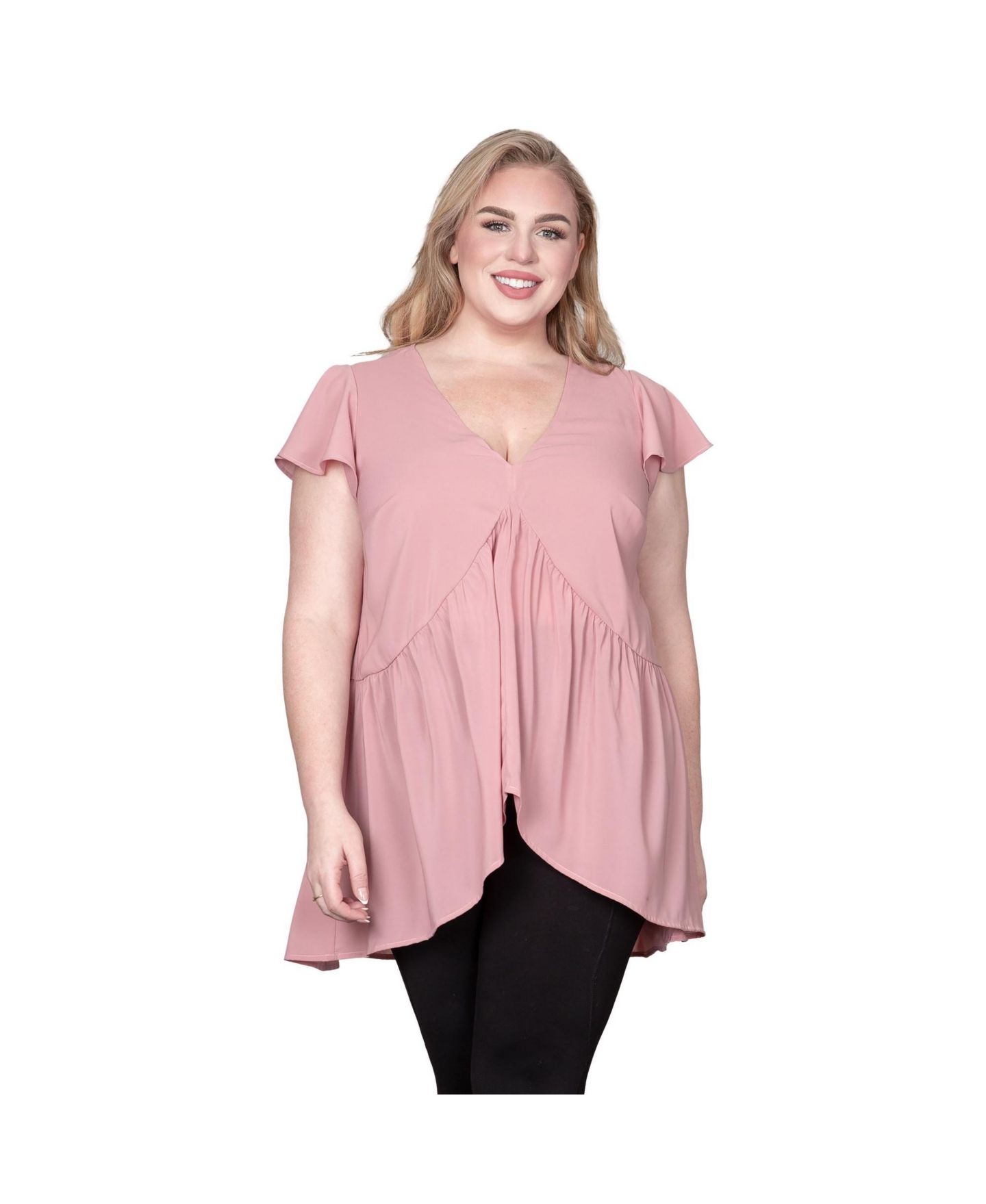 Женская блузка Standards & Practices Plus Size Deep V-Neck Ruffle Cap Sleeve High-Low Hem Tunic Blouse, цвет: Пыльный розовый — фото 1