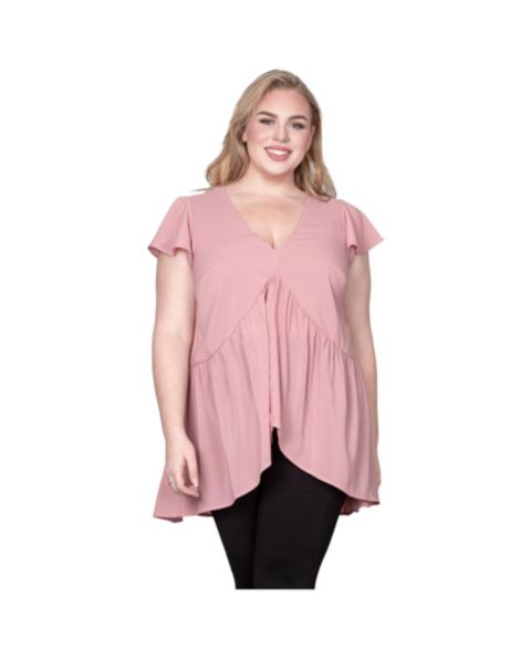 Женская блузка Standards & Practices Plus Size Deep V-Neck Ruffle Cap Sleeve High-Low Hem Tunic Blouse, цвет: Пыльный розовый