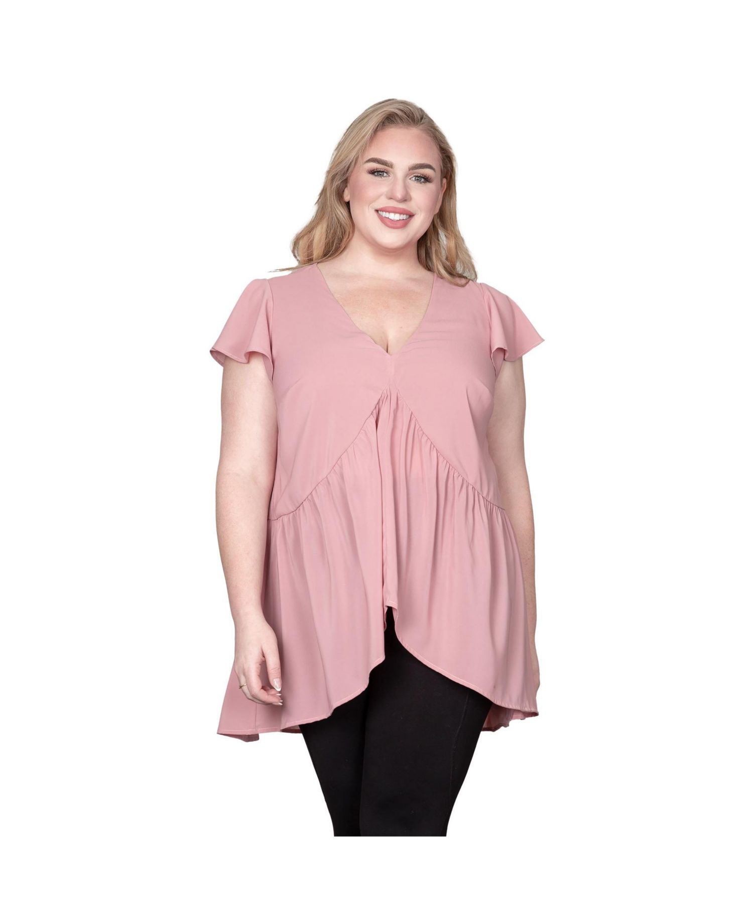 Plus Size Deep V-Neck Ruffle Cap Sleeve High-Low Hem Tunic Blouse