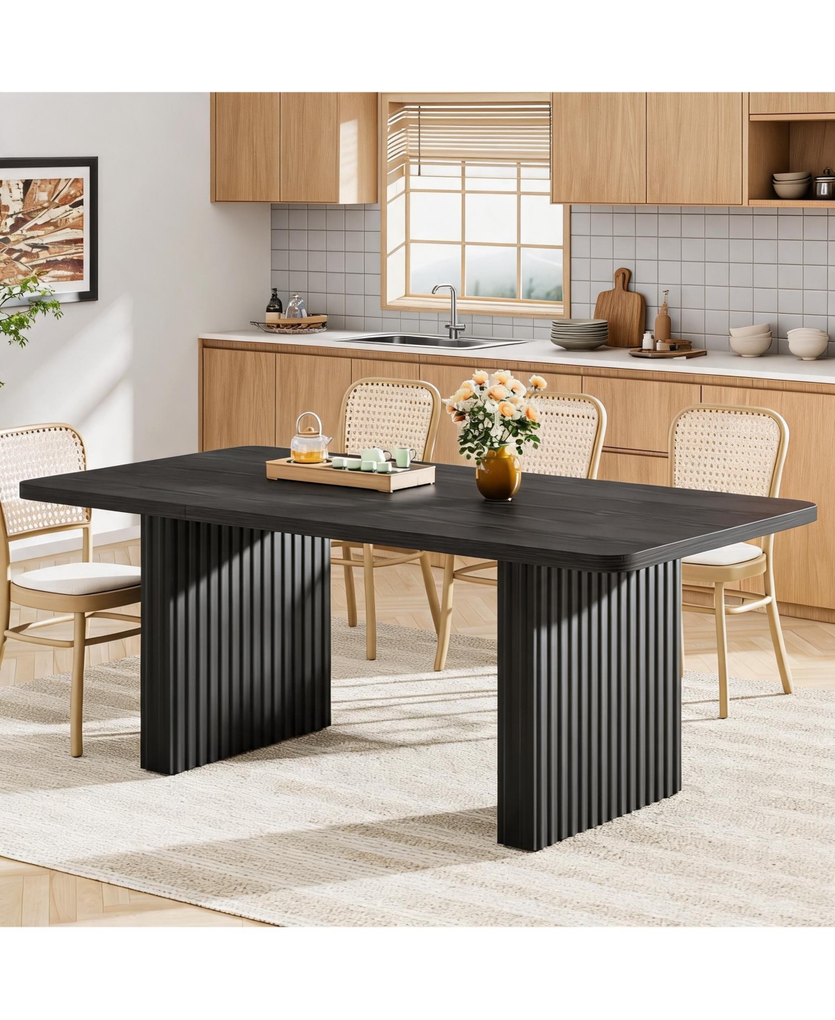gaomon Modern Dining Table for 6-8 People, Rectangular Farmhouse Kitchen Table with Artistic Fluted Wave Metal Legs, Sleek Wood Top Finish