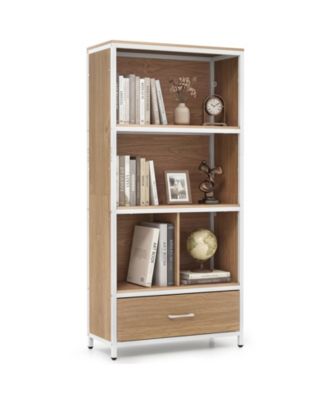 5-Tier Industrial Freestanding Bookcase with 4 Storage Compartments and Fabric Drawer
