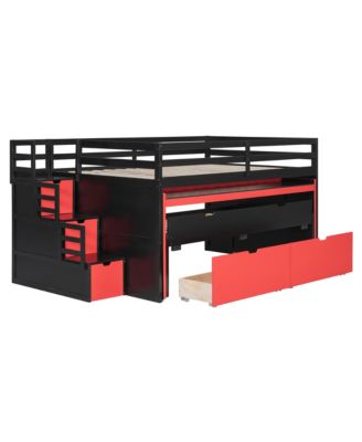 Full XL Loft Bed with Pull-Out Desk and Twin Trundle, Multi-Functional Bunk Bed with 2 Storage Drawers and Storage Steps