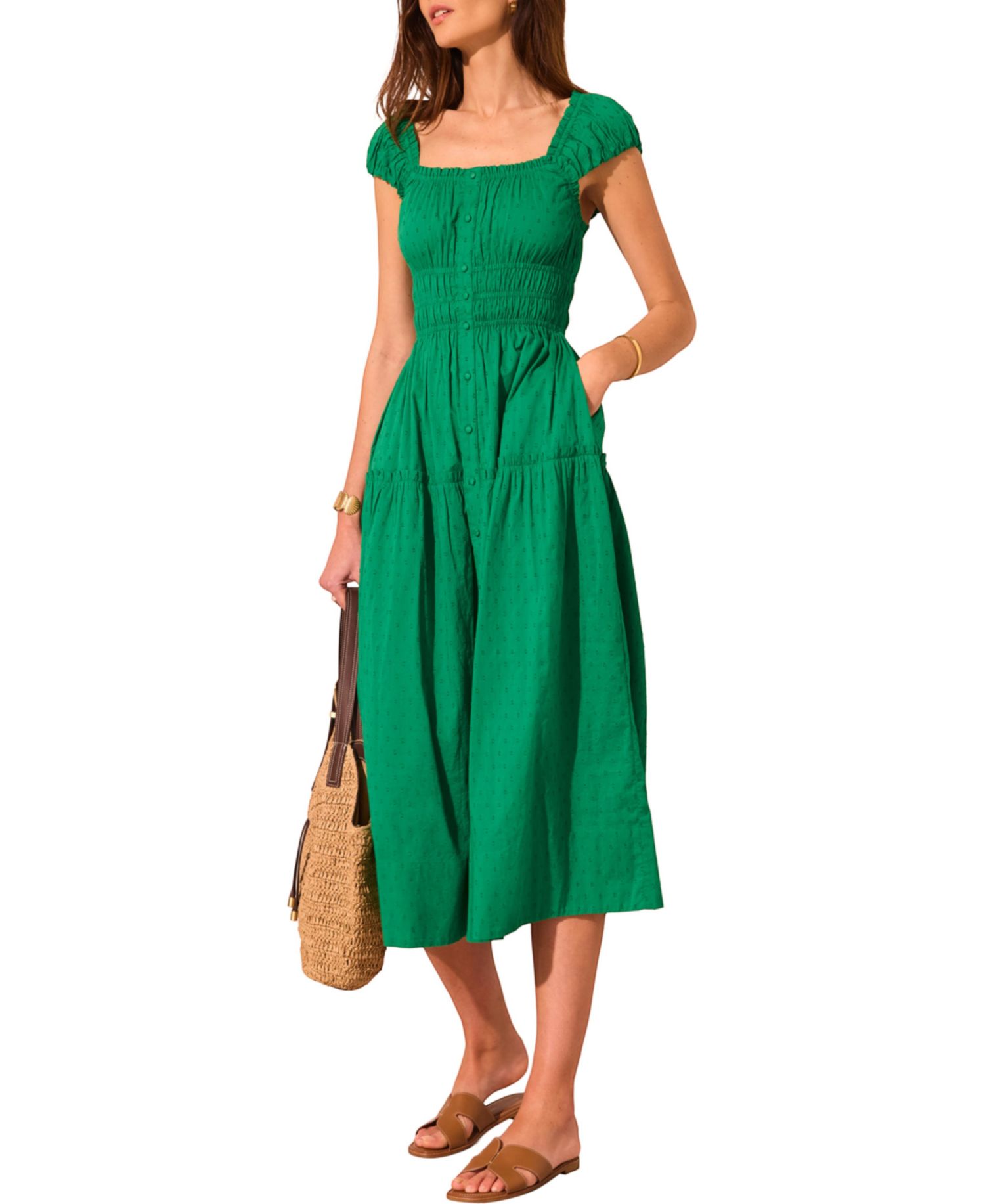Women's Short-Sleeve Scoop-Neck Smocked Midi Dress