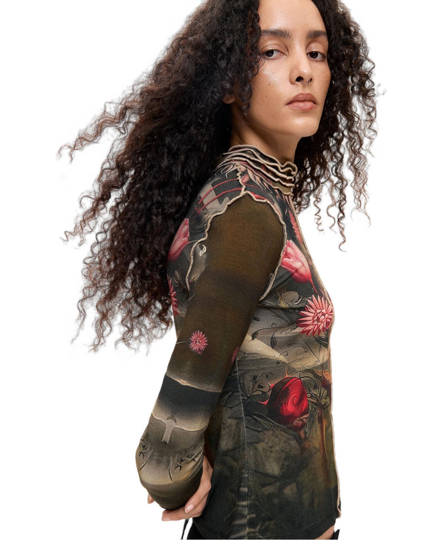 Женская футболка Desigual High Neck Cropped Long-Sleeve, цвет: Чёрный — фото 3