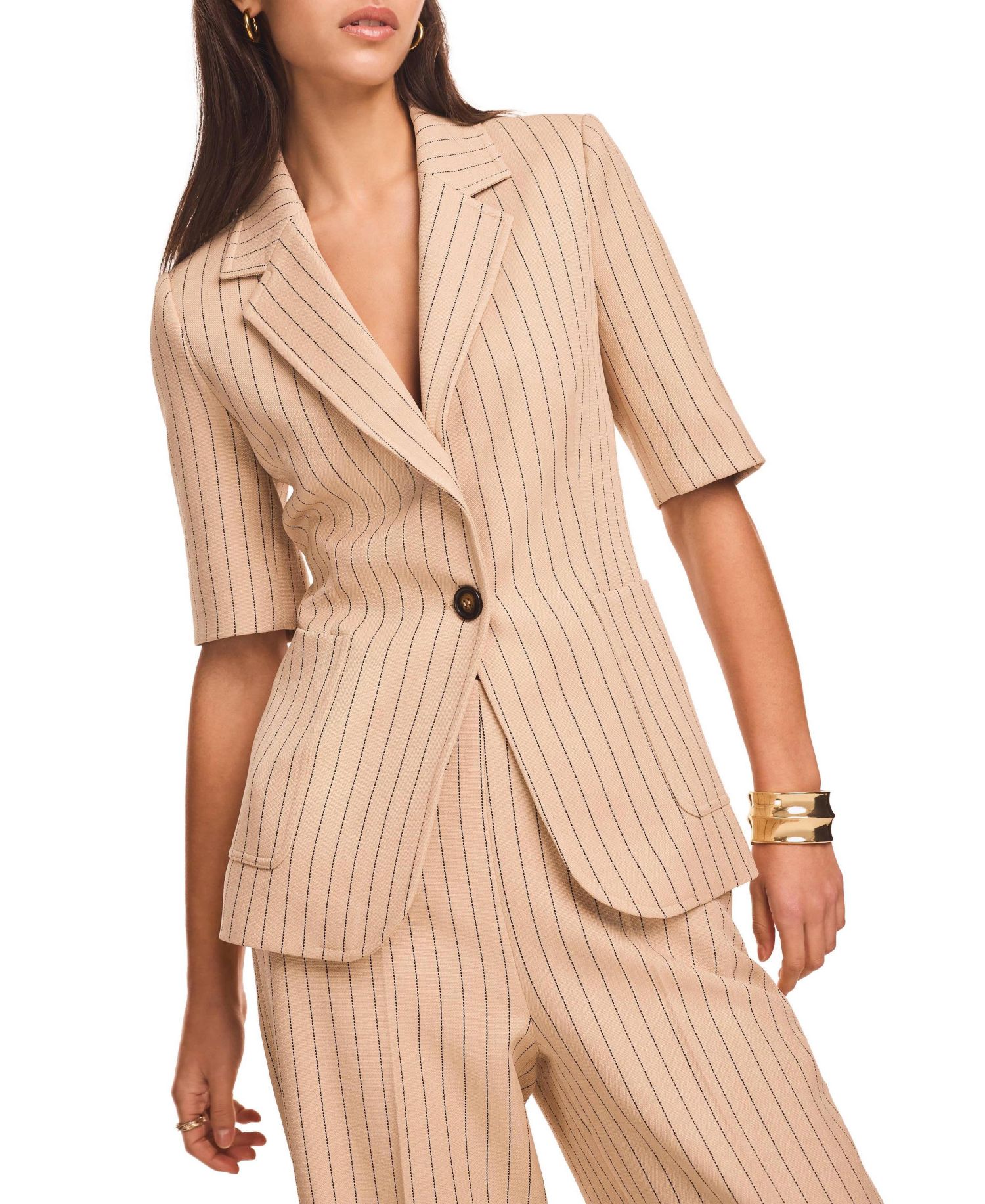 Women's Pinstripe Short-Sleeve Single-Button Blazer