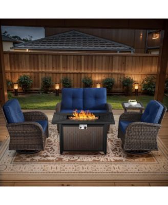 5-Piece Outdoor Wicker Rattan Patio Glider Loveseat Conversation Set with Swivel Rocking Chairs and Fire Pit Table