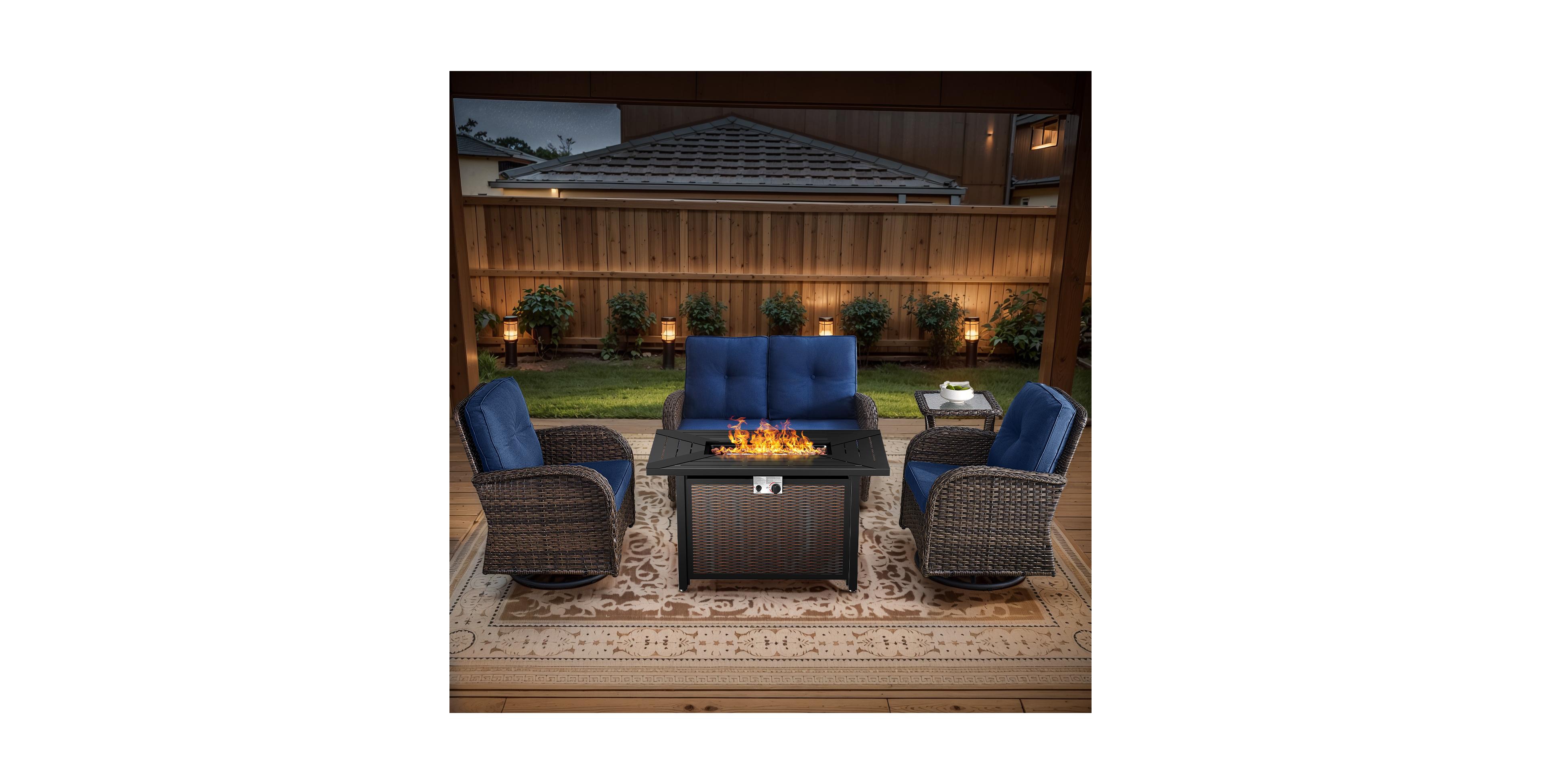 Bellefurn 5-Piece Outdoor Wicker Rattan Patio Glider Loveseat Conversation Set with Swivel Rocking Chairs and Fire Pit Table
