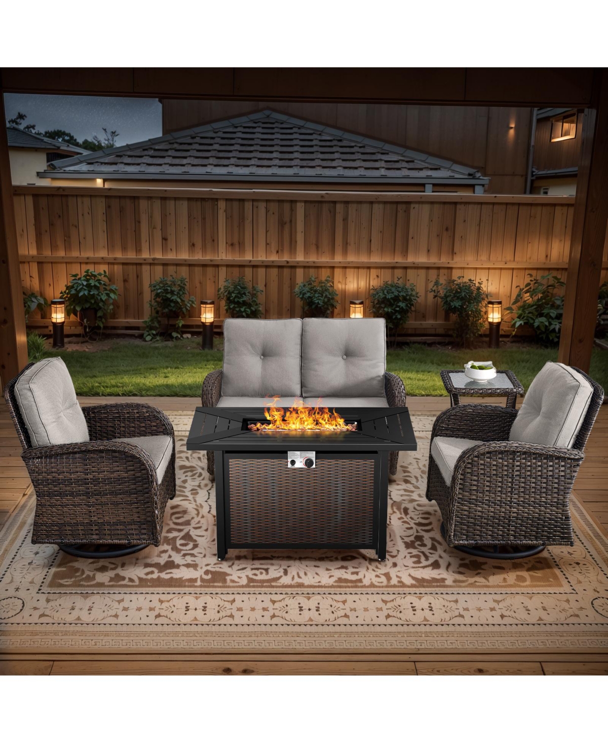 Bellefurn 5-Piece Outdoor Wicker Rattan Patio Glider Loveseat Conversation Set with Swivel Rocking Chairs and Fire Pit Table