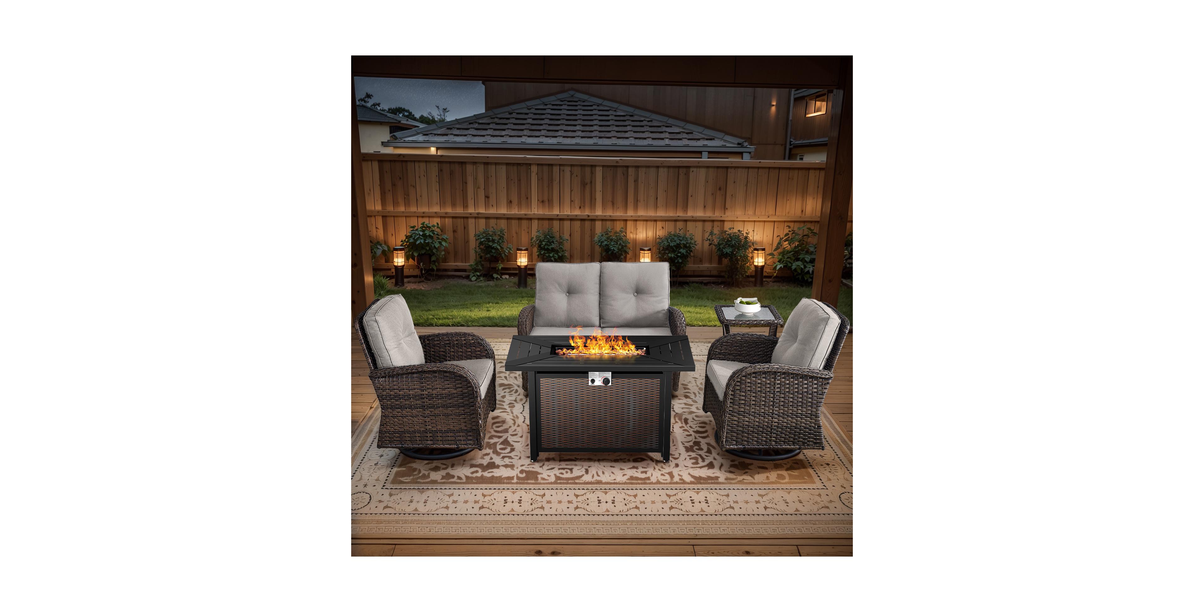 Bellefurn 5-Piece Outdoor Wicker Rattan Patio Glider Loveseat Conversation Set with Swivel Rocking Chairs and Fire Pit Table