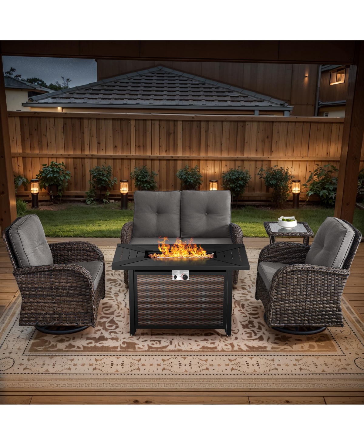 Bellefurn 5-Piece Outdoor Wicker Rattan Patio Glider Loveseat Conversation Set with Swivel Rocking Chairs and Fire Pit Table - Brown wicker with grey