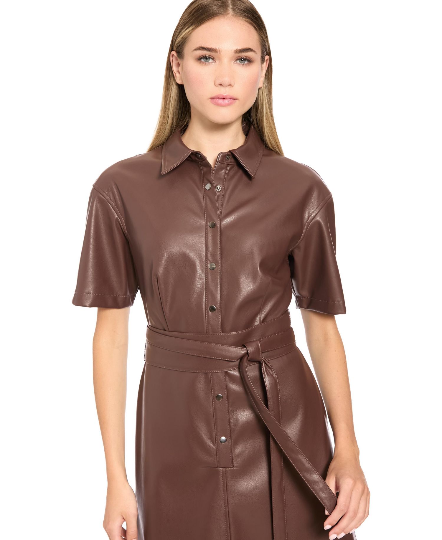 Women's Faux Leather Short-Sleeve Midi Dress