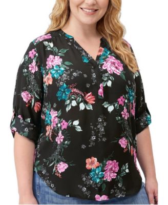 Plus Size Harper Floral 3/4 Roll-Tab Sleeve Blouse