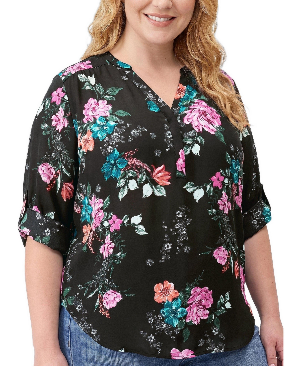 Torrid Plus Harper Floral 3/4 Roll-Tab Sleeve Blouse