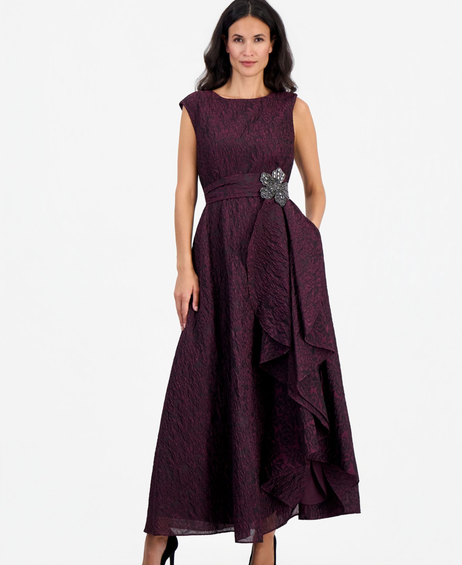 Women's Beaded Crinkle Boat Neck Gown