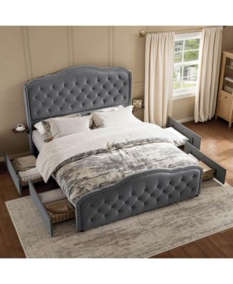 Velvet Wingback Upholstered Full Platform Bed, 4 Underbed Storage Drawers and 2 Retractable Side Tables, No Box Spring Required