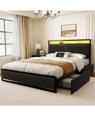 Full Velvet Upholstered Platform Bed, Movable Drawers, Dimmable LED and USB-C Charging Hub, No Box Spring Needed