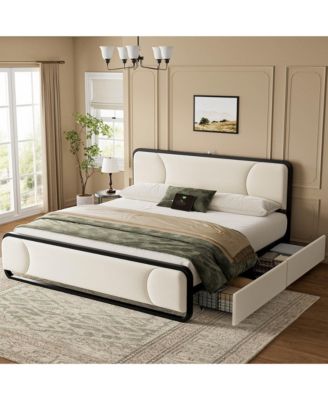 Curved Tufted Velvet Platform Bed, 4-Way Placeable Underbed Drawers, Bedside Charging Station, No Box Spring Needed