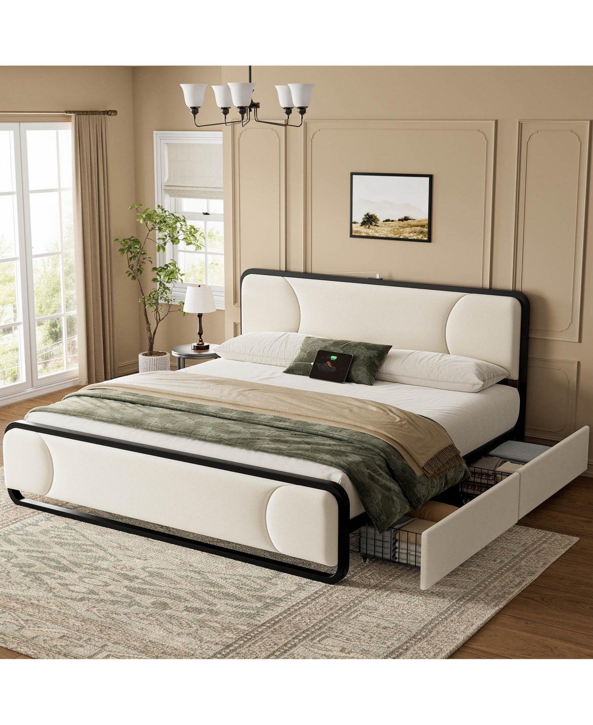 Hausource Curved Tufted Velvet Platform Bed, 4-Way Placeable Underbed Drawers, Bedside Charging Station