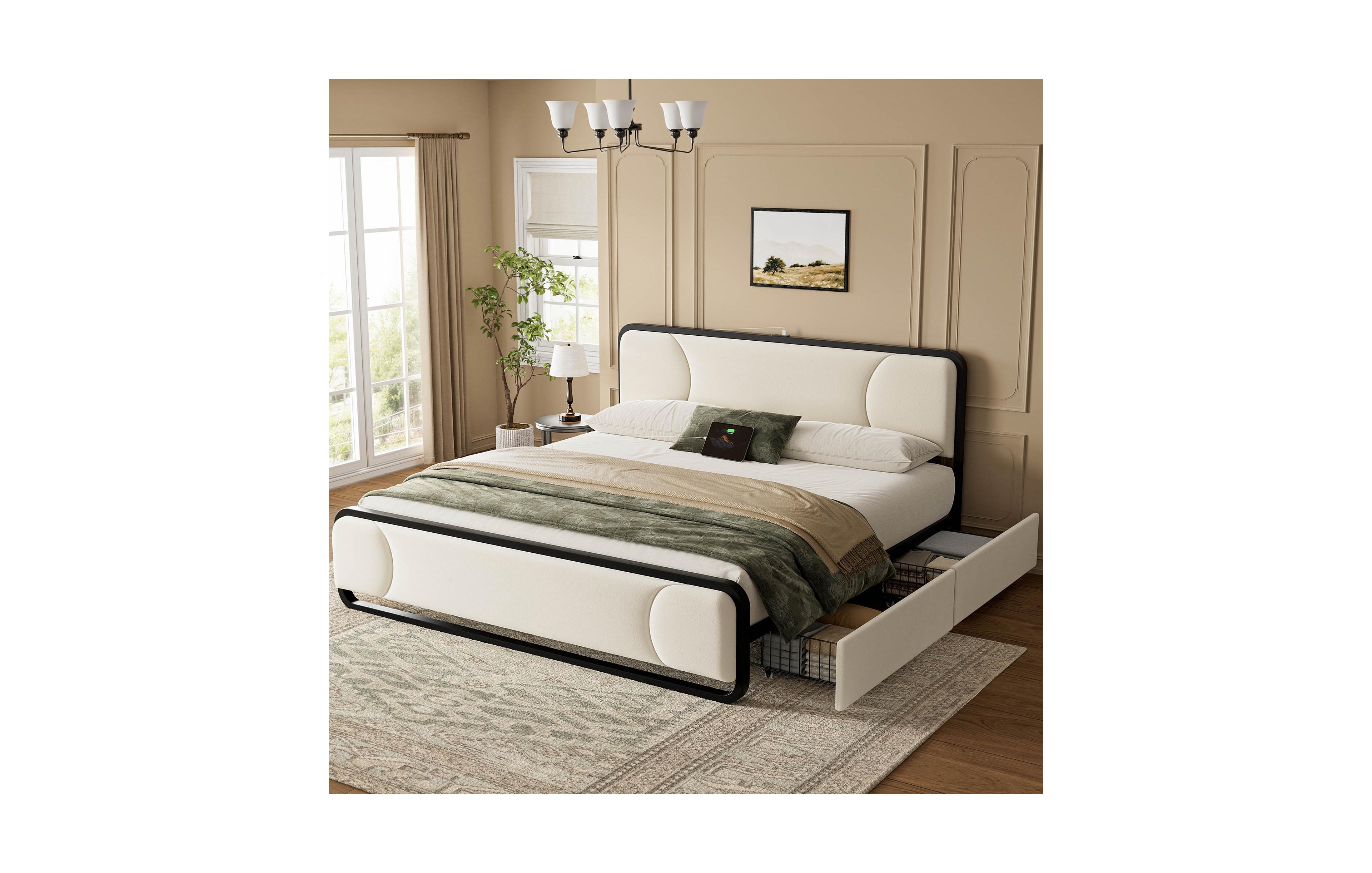 Hausource Curved Tufted Velvet Platform Bed, 4-Way Placeable Underbed Drawers, Bedside Charging Station