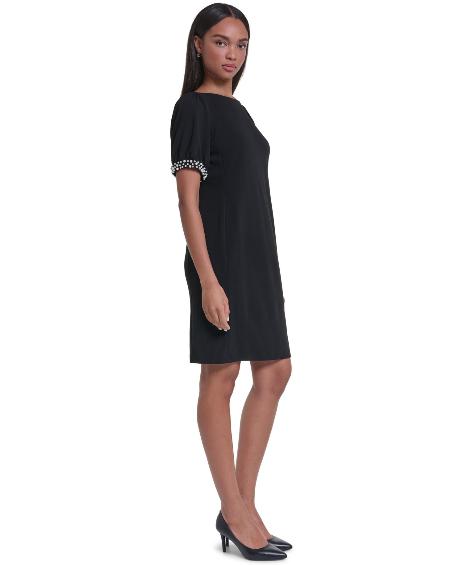 Women's Boat Neck Sheath Dress With Imitation Pearl Sleeve Cuff