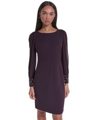 Women's Illusion-Sleeve Beaded-Cuff Dress