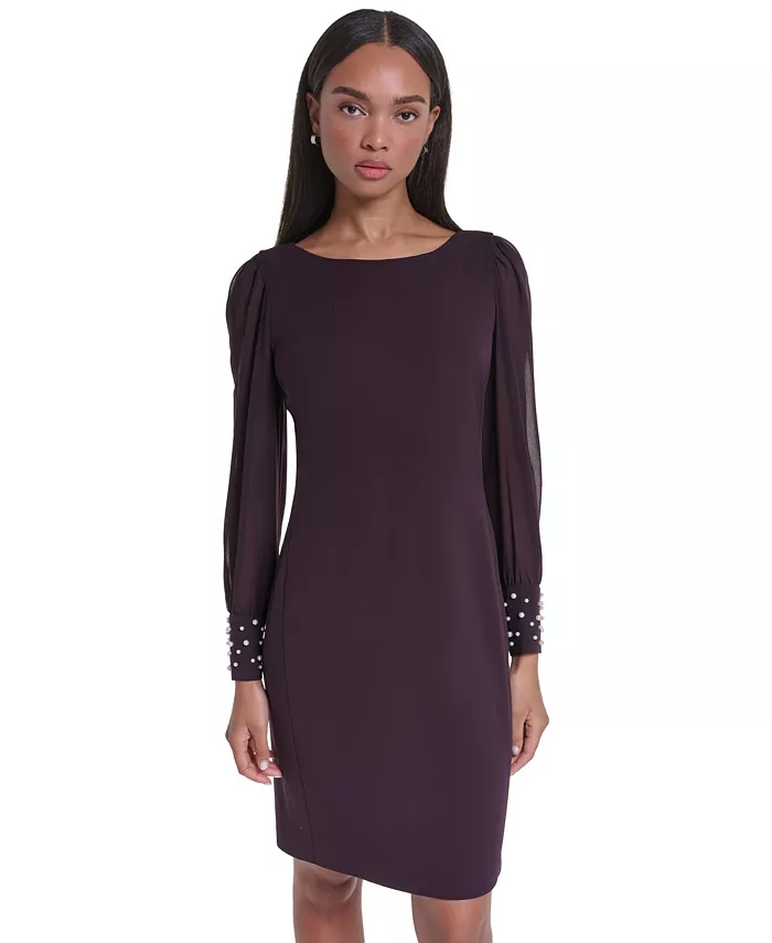 Women's Illusion-Sleeve Beaded-Cuff Dress - thumbnail 6