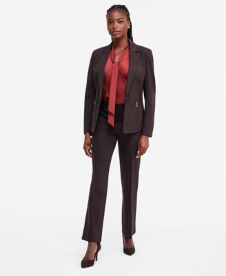 Women's Tie Neck Blouse, Notch Collar Blazer, and Straight Leg Trouser