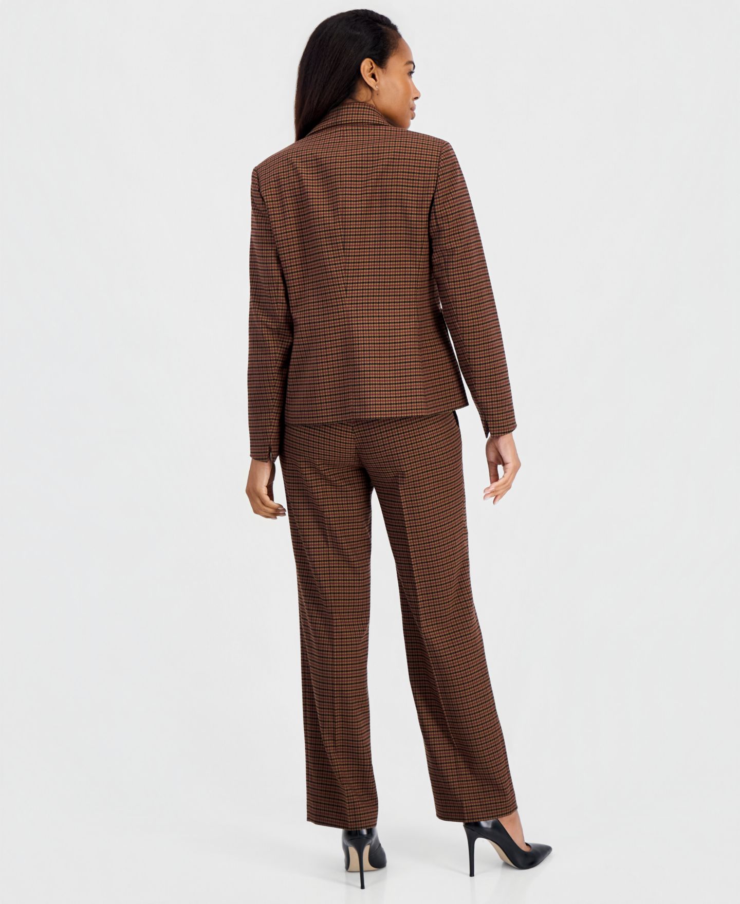 Женские комплекты Kasper Plaid Notch-Collar Patch-Pocket Blazer & Mid-Rise Straight-Leg Trousers, цвет: Коричный разноцветный — фото 3