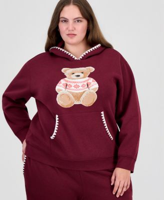 Plus Size Teddy Bear Graphic Fleece Pullover Hoodie