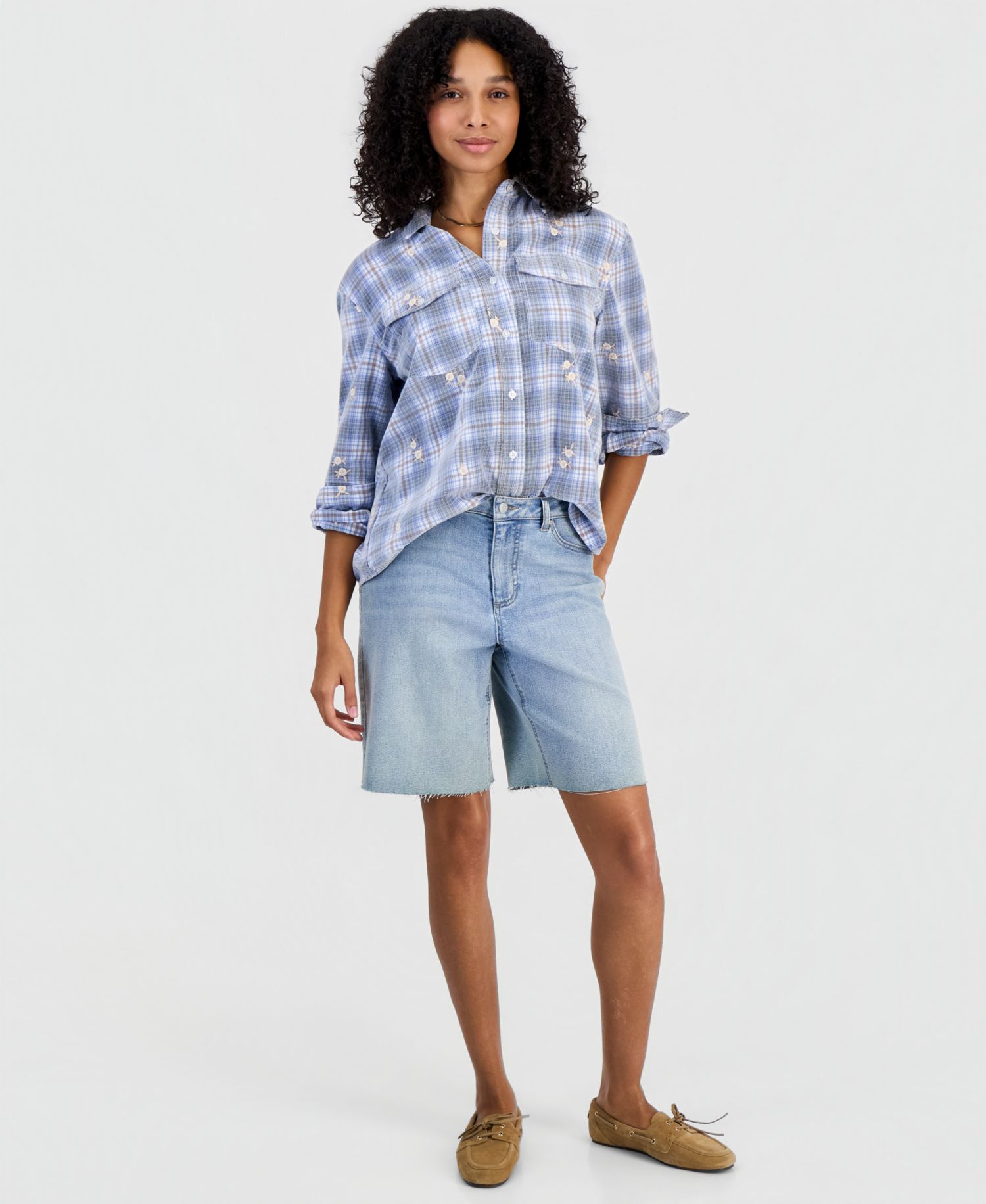Women's Plaid Long-Sleeve Cord-Embroidered Button-Up Shirt