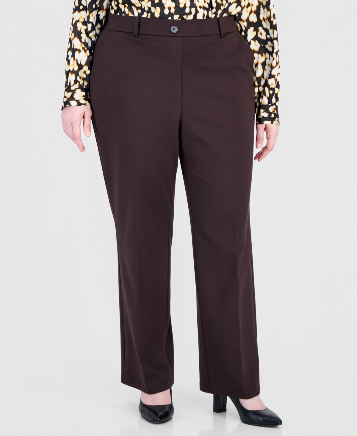 Kasper Plus Size Pull-On Mid-Rise Compression Trousers - Rich Chocolate