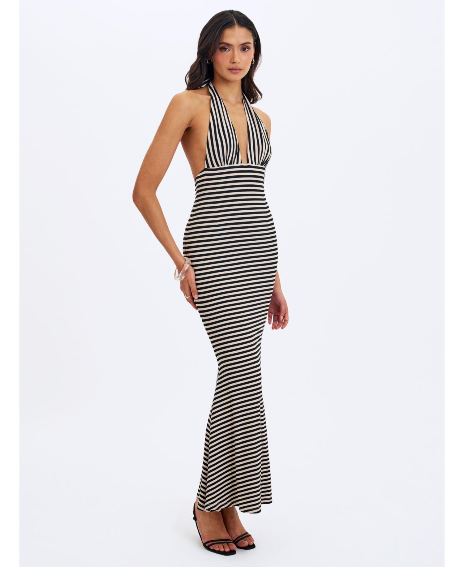 Women's Hannah Striped Plunging-Halter Mermaid Maxi Dress