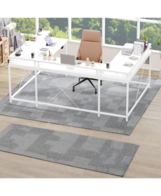 79 Inch U-Shaped Computer Desk with Power Outlets and LED Lights, Engineered Wood Top with Steel Frame for Home Office Gaming Study, White Willow
