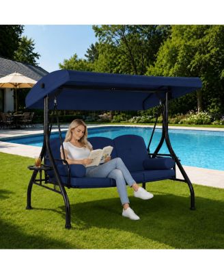 76" x 47" x 68" 3-Seat Porch Swing with Cup Holders, Outdoor Patio Swing with Reclining Backrest, Weather Resistant for Garden, Deck,Khaki/Red/Blue