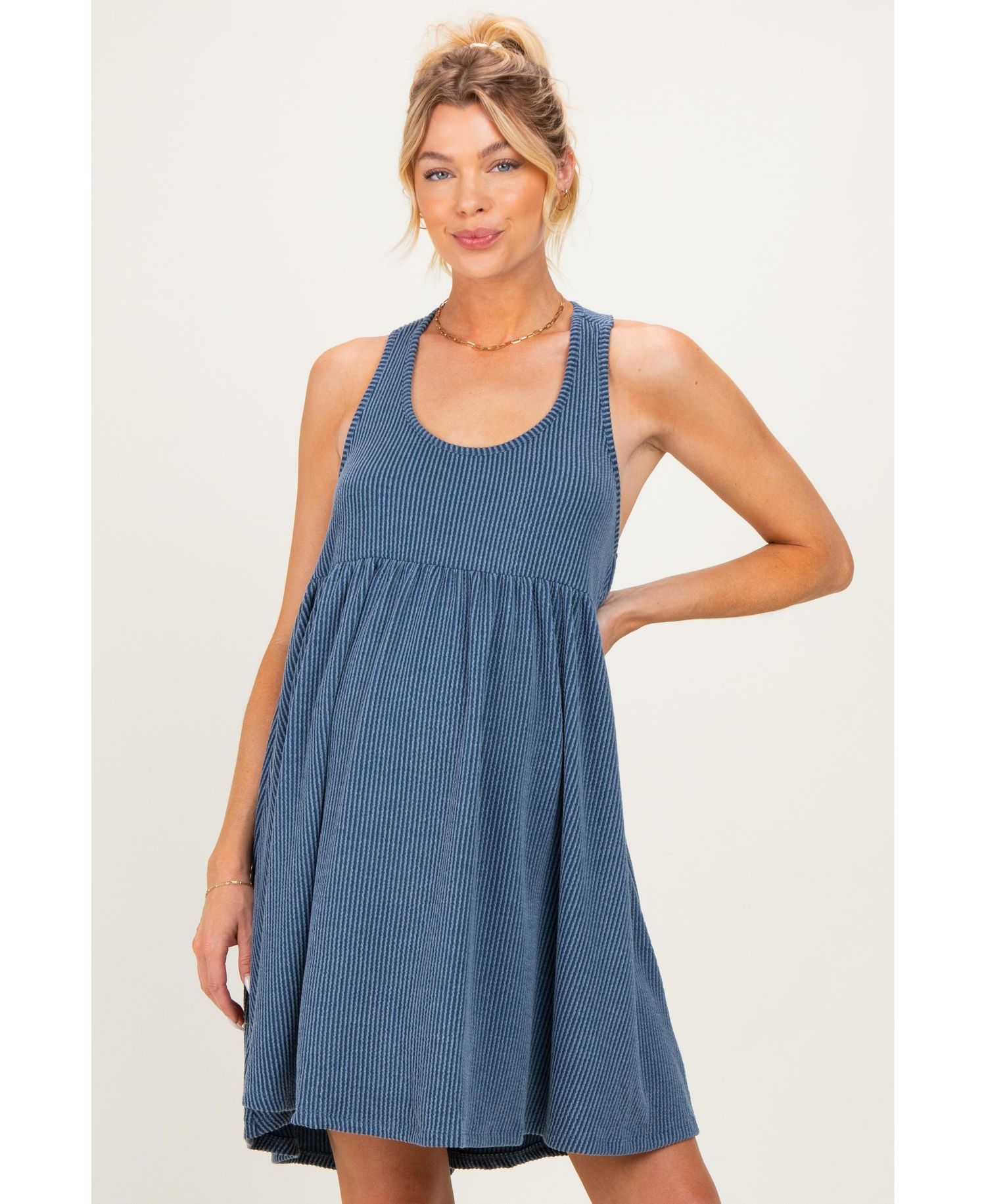 Women's Blue Ribbed Sleeveless Open Back Midi Dress