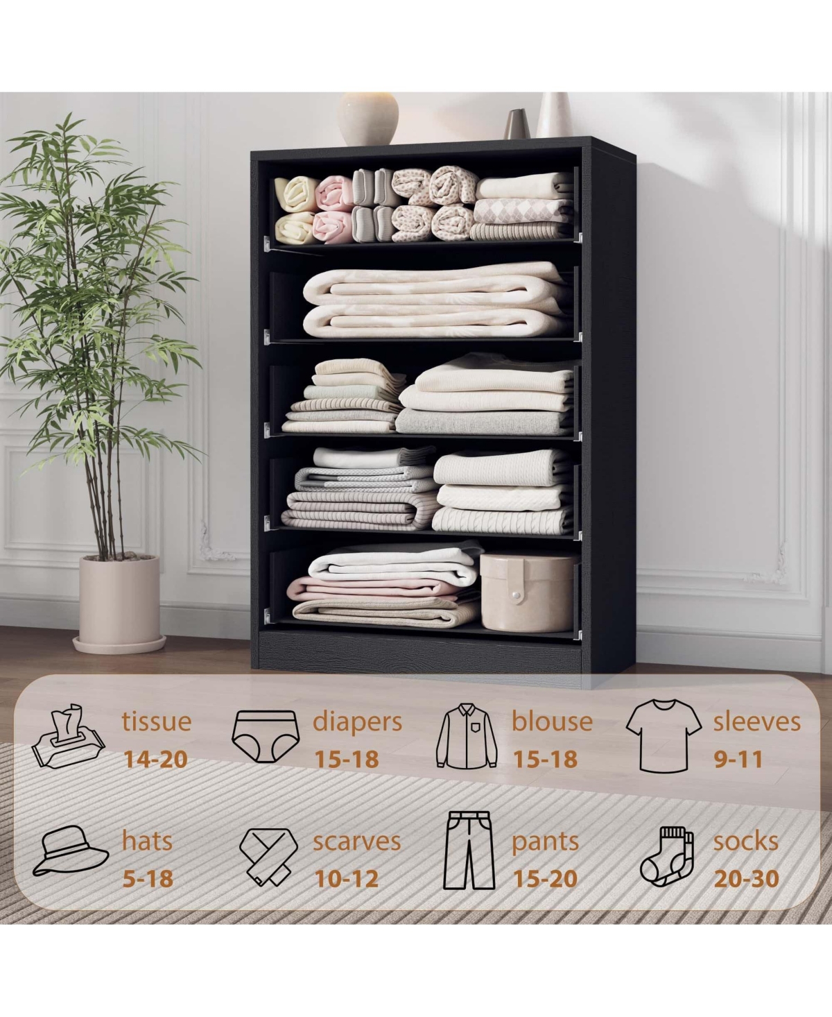 gaomon 5 Drawer Dresser for Bedroom, 43.3" Tall Wooden Storage Chest with Deep Drawers for Closet, Living Room