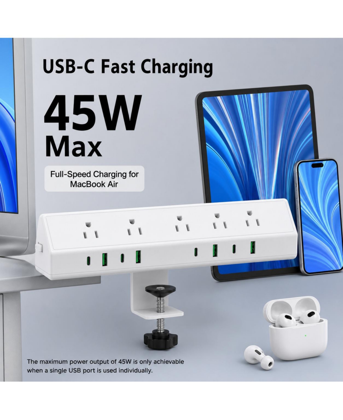 Lofree Desk Clamp Mount 45W Fast Charging Surge Protector for MacBook Air, Laptops, Tablets, and Smartphones