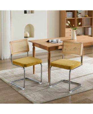 Set of 2 Cane Back Cantilever Dining Chairs, Velvet Upholstered Chrome Double Steel Pipe Base 360 LBS Capacity